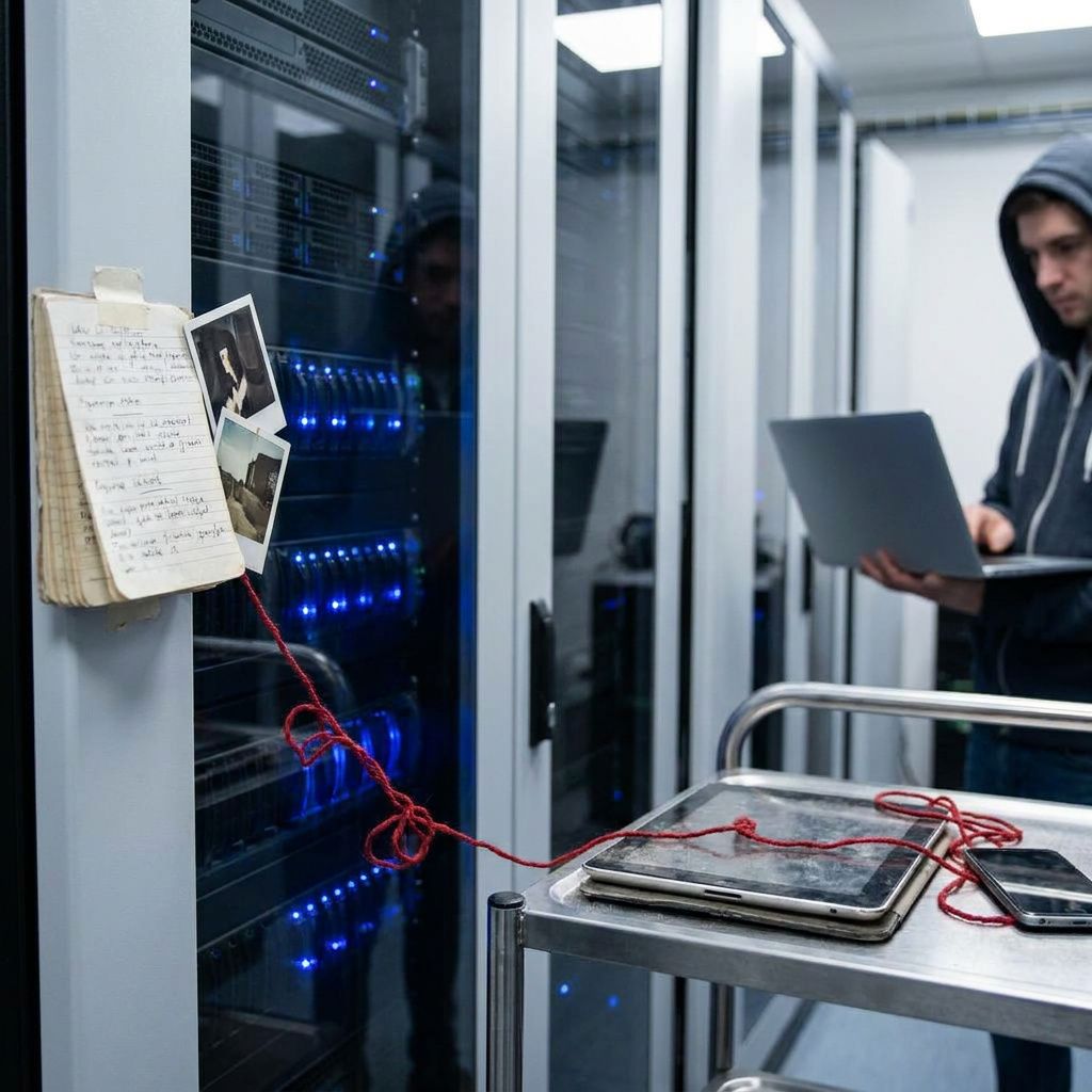 Nærbillede af license‑dongle, padlock‑token og dokumentfliser bundet med en kort tråd, symboliserer governance, BYO‑database og persistent Threads