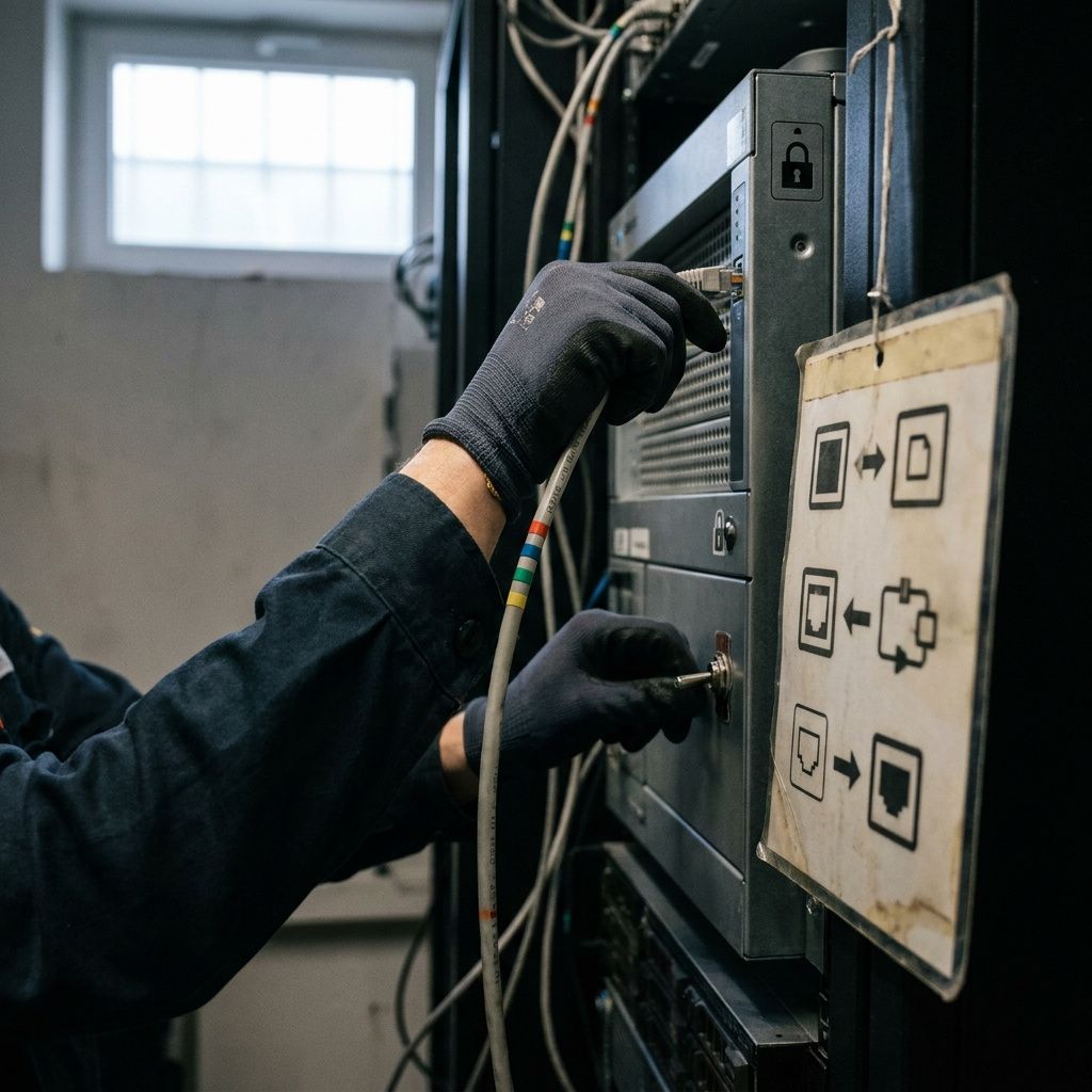 Hænder der forbinder et shieldet Ethernet‑trunk mellem inference‑server og write‑gate‑broker, med et ikonisk flowkort ved siden af som viser API‑stier uden tekst.