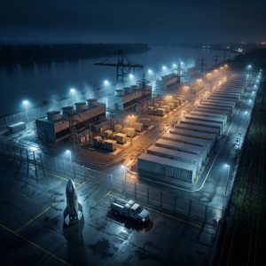 Nattefoto af et stort industrielt datacenter ved en flodbred i Memphis med transformatorer, højspændingsledninger og oplyste compute-haller; et uspecificeret lille raketformet servicekøretøj på tarmac antyder SpaceX-tilknytning uden logoer