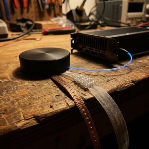 Taktile datapunkter som metafor for Voxtrals hybride TTS‑pipeline med autoregressiv ramme‑ribbon, flow‑perler og en H200‑silhuet