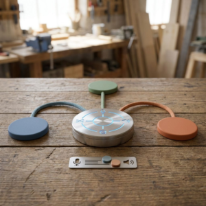 Tabletop metaphor: et rundt, sort API‑gateway‑objekt med tre fibre der fører til tre farvekodede token‑sten, der symboliserer Realtime‑2, Realtime‑Translate og Realtime‑Whisper, plus ikonbånd for input, parallelle værktøjskald og output.