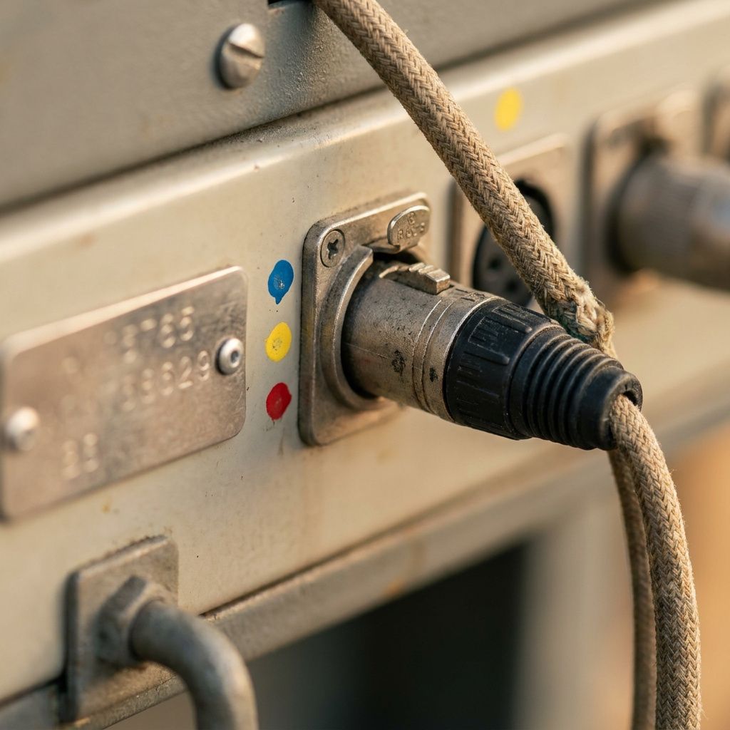 Detalje: XLR‑style stemmegateway‑kontakt med tre farvede markeringer for agent, oversættelse og transskription.