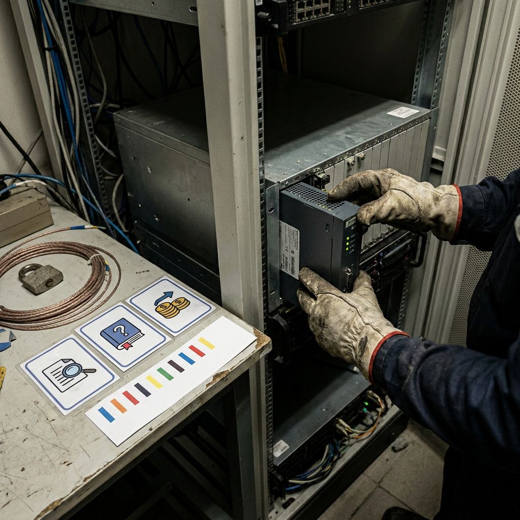 Hænder ved arbejde: en tekniker monterer en voice gateway i en rack‑enhed med ikon‑kort for parallelle tool‑kald og et lille compliance‑pebble ved siden af.