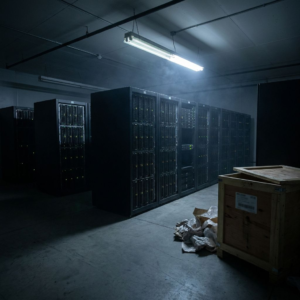 Lavt lys, tomme GPU‑blade i et datacenter med én svagt oplyst enhed og en silhouet CFO i døren — signalerer stor kapacitetsudnyttelse men lille faktisk brug.
