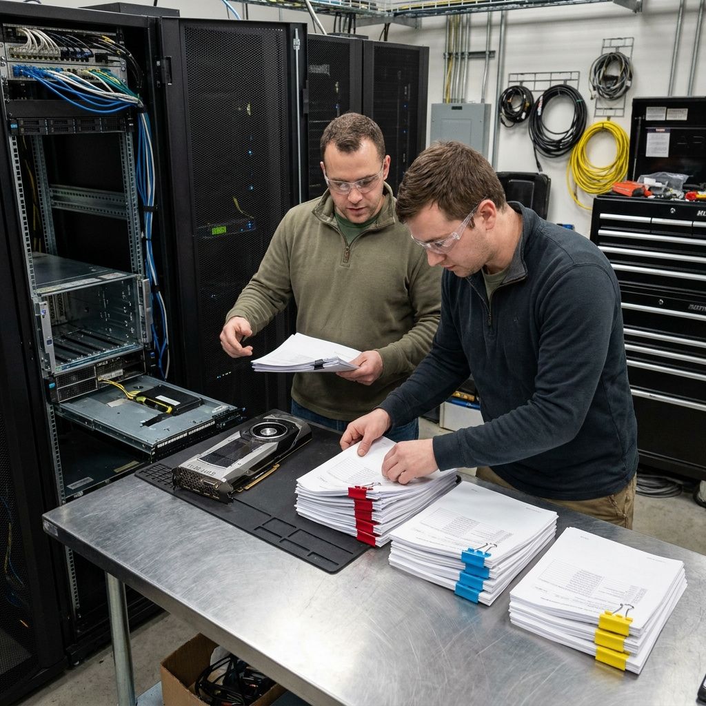Dokumentarisk hænder‑kun scene: teknikere organiserer køer og adskiller dev/CI fra produktion foran en rack med vekslende GPU‑lys — illustrerer procesændringer for at øge udnyttelse.