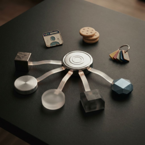 Metaforisk tabletop: små fysiske tokens for LinkedIn, Salesforce, Gmail og et internt værktøj forbundet til en central Chrome‑udvidelseshub, med symboler for browserprofil og cookies – uden skærme eller tekst.