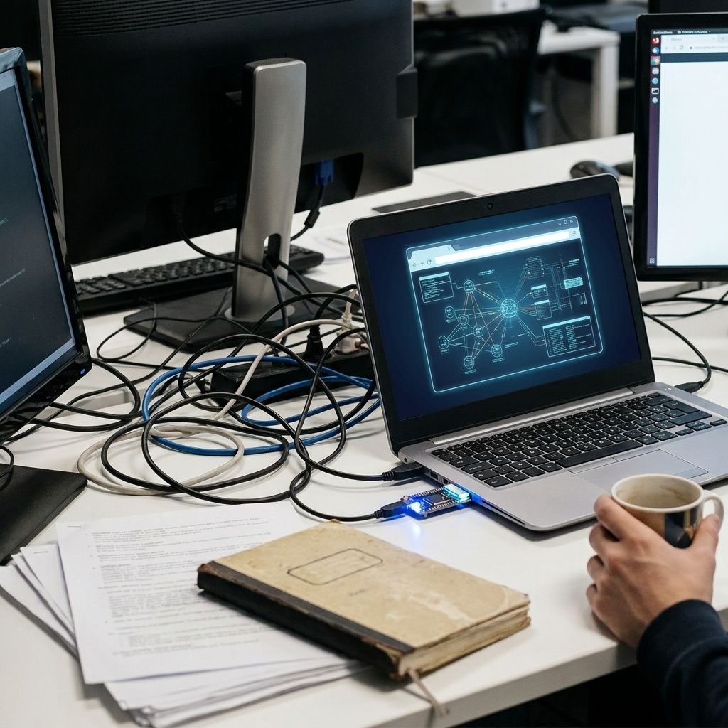 Makro af en extension‑token, resin 'cookies' og et lille debug‑probe værktøj på en slidt arbejdsflade — symboliserer udvidelsen, cookies/session og DevTools‑fejlfinding.