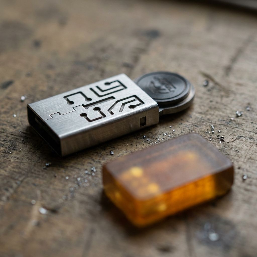 Makro af en lille metal connector‑stub der symboliserer en rollback API på en ridset bænk, ved siden af et gennemsigtigt batch‑token. Ingen tekst eller mennesker.