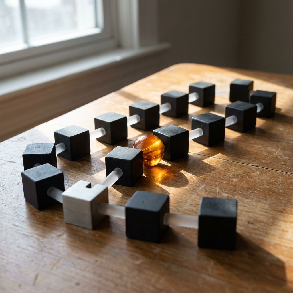 Bordopstilling: kæde af små service‑kuber med en forskudt amber 'batch' bead i midten og en metal connector‑blok ved starten, som metafor for et batch‑job der forplanter sig gennem en rollback‑sti.