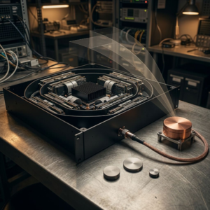 Åben checkpoint‑enhed med tre indvendige, koniske trays og en lille routerenhed koblet til via fiber, der visuelt illustrerer zero‑shot slicing mellem 12B, 23B og 30B uden tekst.