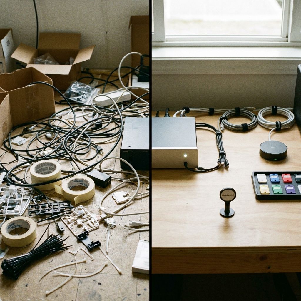 Splitbillede: før — tre modelbricks og rod; efter — ét checkpoint med nestede trays og en router, der illustrerer reduktion af artefakter og simplificeret drift.