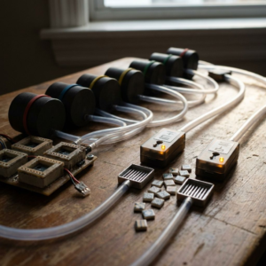 Taktisk tabletop‑metafor: miniature host‑pucks og eksponerede API‑sockets koblet til små database‑moduler med flydende 'JSON' fliser. Visuel metafor for public endpoints og åbne databaser.