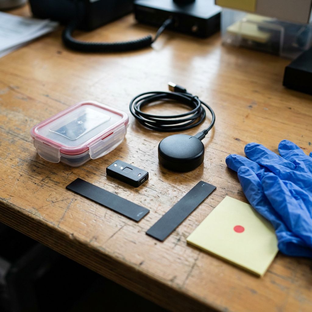 Dokumentationskit på bordet: tidsstempel, netværkssniffer‑puck, opbevaringskort og handsker. Visualiserer capture‑ før‑isolation‑arbejdsgangen.