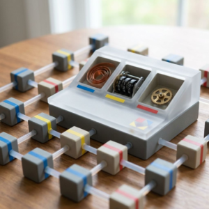 Metaforisk runtime‑chassis med tre taktile token‑stakke for hukommelse, evaluering og orkestrering for Claude Managed Agents; forbundne rails og datafliser antyder eksport og connectors. Ingen skrivebar tekst.