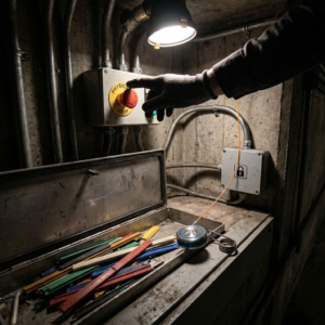 Dramatisk scene i et serverrumslignende kontrolrum: en agent‑token ved et policy‑diff i papirform, en hånd sætter en fysisk stop‑tab, og en fiberkabel fører væk mod et lukket API‑panel. Ingen skærme eller læsbar tekst.