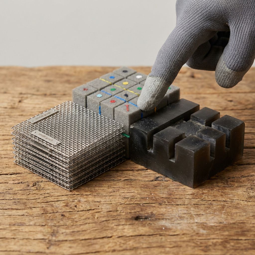 Makro af en fysisk model der symboliserer HNSW, IVF og PQ; tydelige materialeforskelle viser tradeoffs mellem RAM, præcision og komprimering.