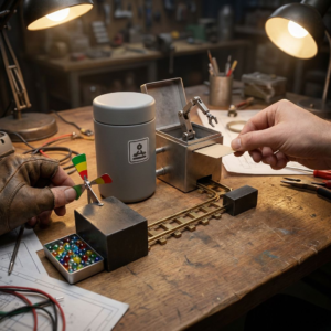 Editorial diorama der visuelt viser en agent‑pipeline: matte moduler for retriever, vector store og LLM forbundet af transparente rør, token‑perler løber i en bakke, og en hånd skubber en kompakt 12‑felts‑kort ind i retrieveren