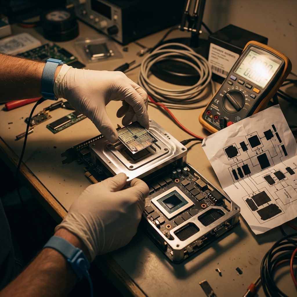 Hands‑only laboratoriumsscene: en tekniker justerer en decoding‑loop‑modul med en fysisk strip der markerer blokstørrelser og en probe på KV‑cache‑bussen.