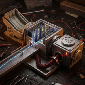 Overhead diorama af en CI/CD‑pipeline med OIDC‑linje, sprækket provenance‑segl og en rød filament‑orm, der sniger sig fra runner‑cachen mod artefakt‑lageret