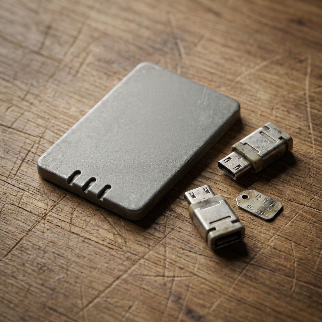 Makrofoto af et fysisk 'token'‑chip med små hakkemærker ved siden af to API‑connector plugs — symboliserer scoping, token‑rotation og genbrug af nøgler.