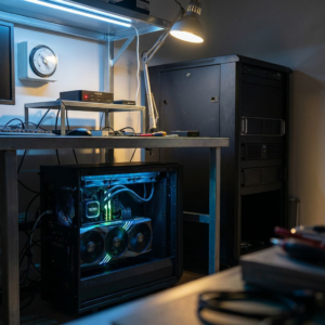 En enkelt kraftig workstation med en 5090‑klasse GPU kører alene i et lille GPU‑laboratorium, mens et tomt rack står slukket i baggrunden
