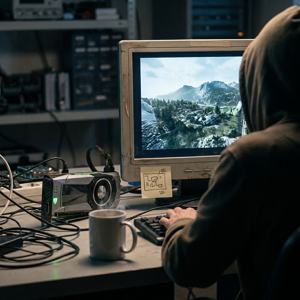 Teknikers hænder starter et 60‑sekunders capture ved en enkelt GPU‑workstation i et lille laboratorium