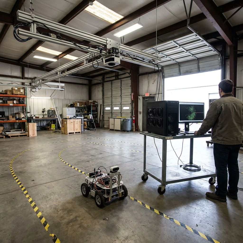 Smal lagergang med kamera‑rig på skinner og en mobil robot, hvor en enkelt workstation på en vogn håndterer generering