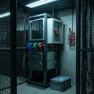 CI/CD staging cage after hours with quarantined build rack, colored cable tags for agent PRs, and a capped rollback lever on the wall. No readable text.