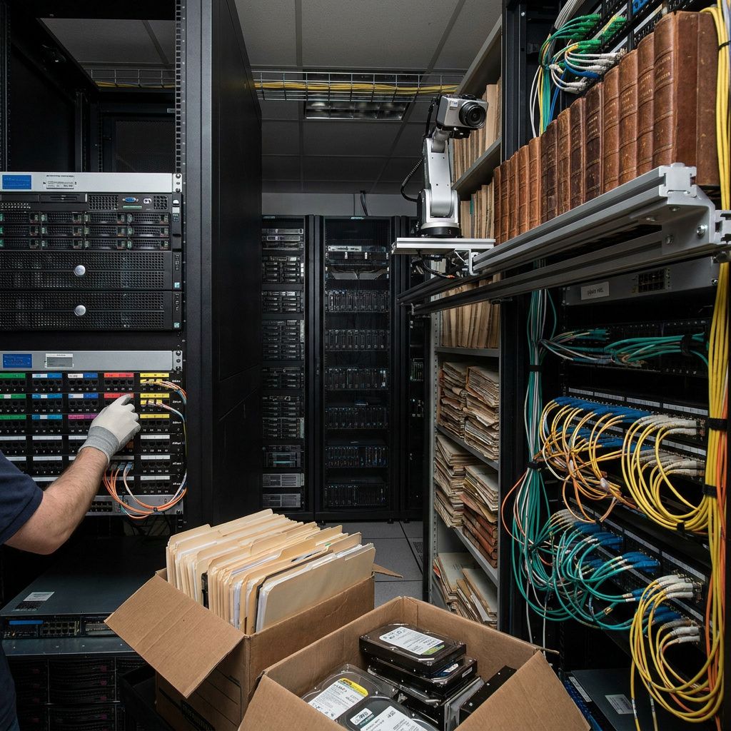 Rollback lever being pulled beside a quarantined CI runner rack during a controlled midnight rollback. No readable text.
