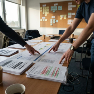 Et incidentrum hvor trykte, slørede traces og en udarbejdet pull‑request ligger spredt på et bord mens teknikere diskuterer — dokumentarisk scene der viser automatiseret agent‑diagnostik og forslag til fix