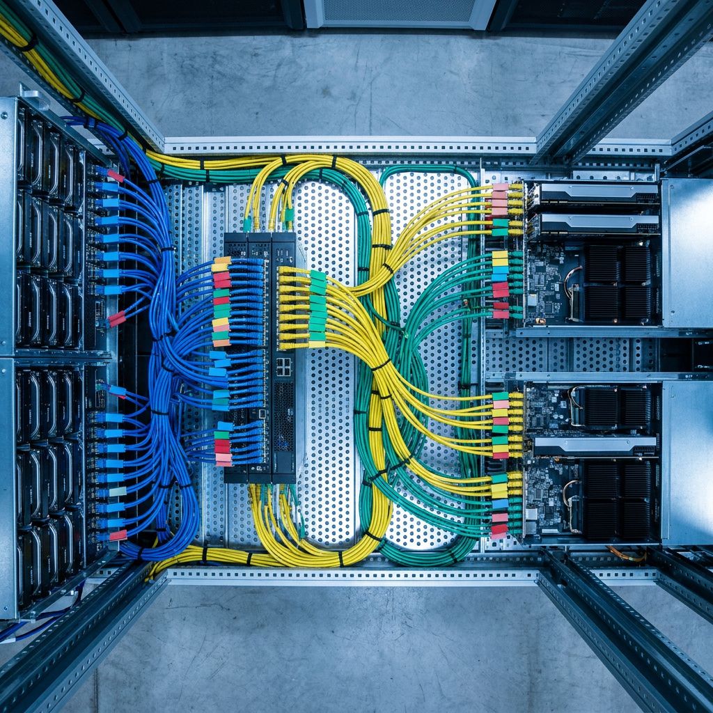 Smalt GPU‑lab med orkestreringsnode, to GPU‑tårne og pænt adskilte kabelforløb til en NAS med dataset‑cartridges – ingen skærme, kun drift i gang.