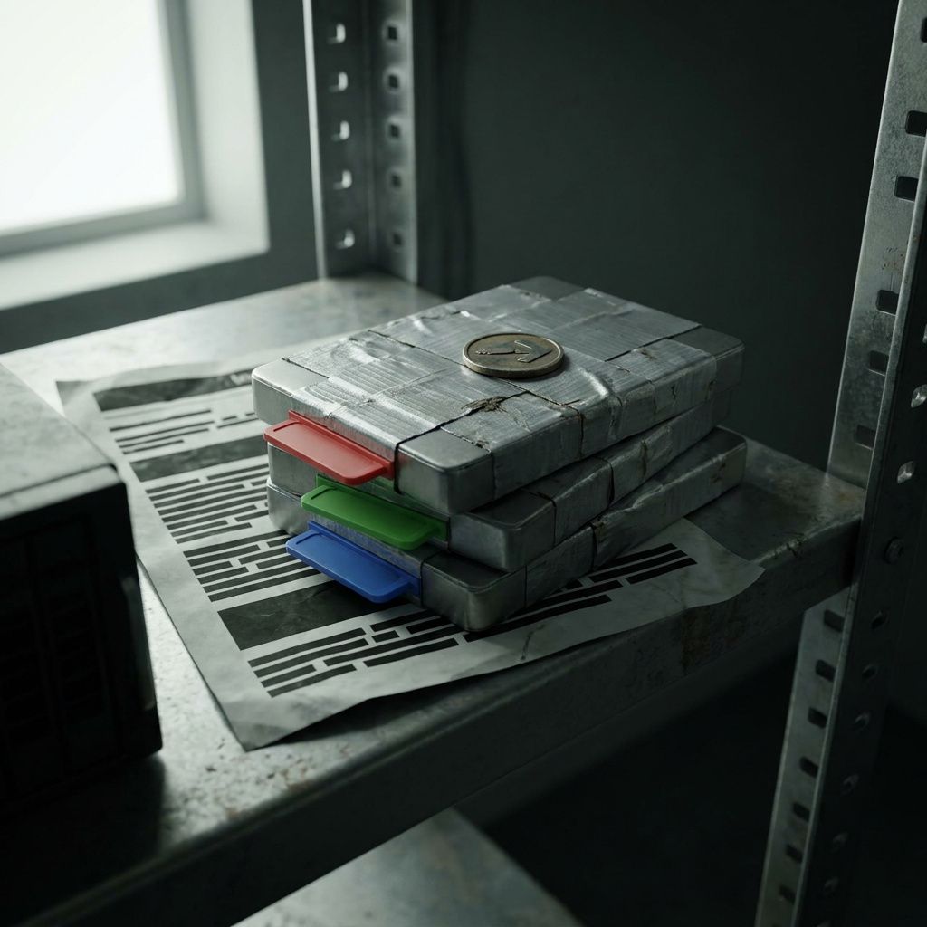 Makrodetalje ved rackhylde med forseglede SSD‑cartridges, farvetomme tabs, sløret evalside og en lille rollback‑markør.
