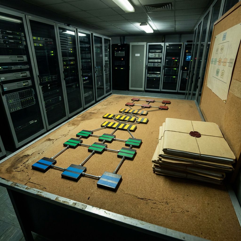 Overhead foto af en operations‑routing tavle med farvekodede plader, der illustrerer agent‑pipeline fra session‑logs til playbooks.
