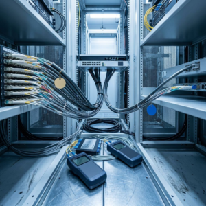 OpenRouter netværkskabinet i et internet‑exchange: et tykkere fiberbundt kører ind i routing‑båret ved siden af et tyndere bundt, som visuel markør for højere trafik mod samme endpoint.