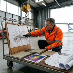 Ingeniør peger på en stor trykt flytegning i en hangar, med CAD‑udskrifter og et termisk plot på en trolley ved siden af — en scene der viser, hvordan viden i tegninger og billeder findes i fabrikationsarkiver.