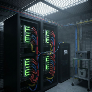 Inside a secure training cage, GPU racks run a distributed fine-tuning job while a fiber tap mirrors telemetry toward monitoring and audit gear, with an isolated storage cart used for the S3 manifest.