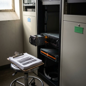 Datacenter operations alcove: two racks separated by a vault-proxy appliance and a Postgres drive sled partly ejected, with a redacted audit stack on a clipboard in the foreground — an editorial scene illustrating isolated sandboxes and persistent session storage.