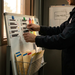 Operatør i et ML‑driftsrum hænger redigerede SHAP‑forklaringer og sampling‑mapper op på en tavle; dokumenter og farvede tabs viser nattligt SHAP‑job og stratificerede baggrundsudsnit.