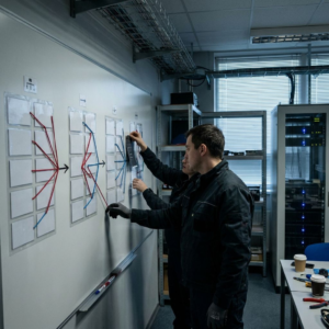 Ops‑rum postmortem med fysisk data‑topologi på væggen og to teknikere, der peger på en farvet tråd, der forbinder en hændelse med en kundeordre