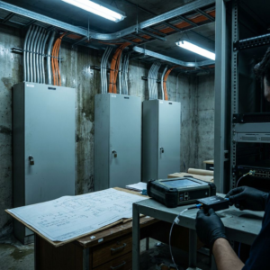 Efterforskning i en kommunal SCADA/IIoT-sal: en netværkstap er sat op foran lukkede OT‑skabe, hånd i handsker, køligt belysning — viser sårbarheden i netværksadgangen til kritisk infrastruktur.