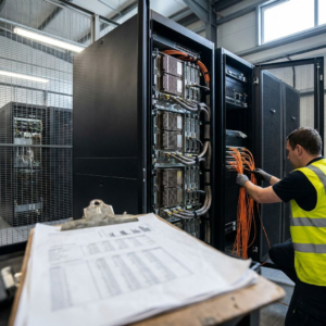 Tekniker ved åben GPU‑rack i et træningscage; NVLink‑trunks og køleplader synlige, anonymiseret timing‑print i forgrunden — illustrerer praktiske driftsudfordringer ved long‑context pretraining.