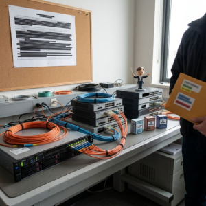 Operations-ops alcove med rack, kabler og en håndtegnet orkestrerings‑workflow med anonymiserede access‑kort. To teknikere peger og holder redigerede teststrimler.