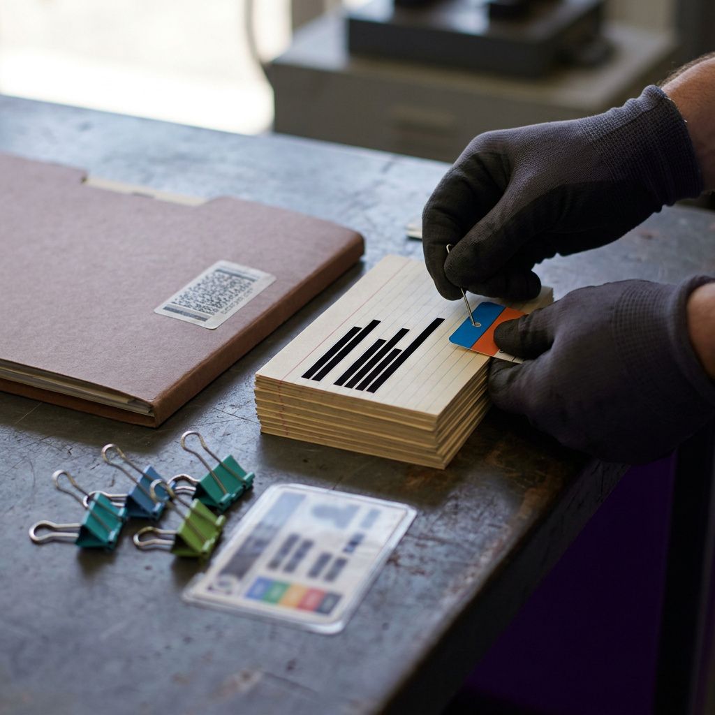 Nærbillede af en teknikers hænder der sætter en farvekode‑checkpoint på redigerede, anonymiserede dataset‑kort ved et operationsbord.