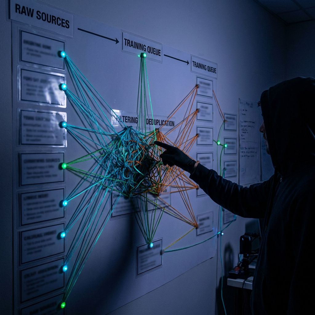 Vægmonteret systems map med anonymiserede kort og farvekodede tråde der viser data‑pipeline fra kilder til træningskø, i dyb purpur og cyan lys.