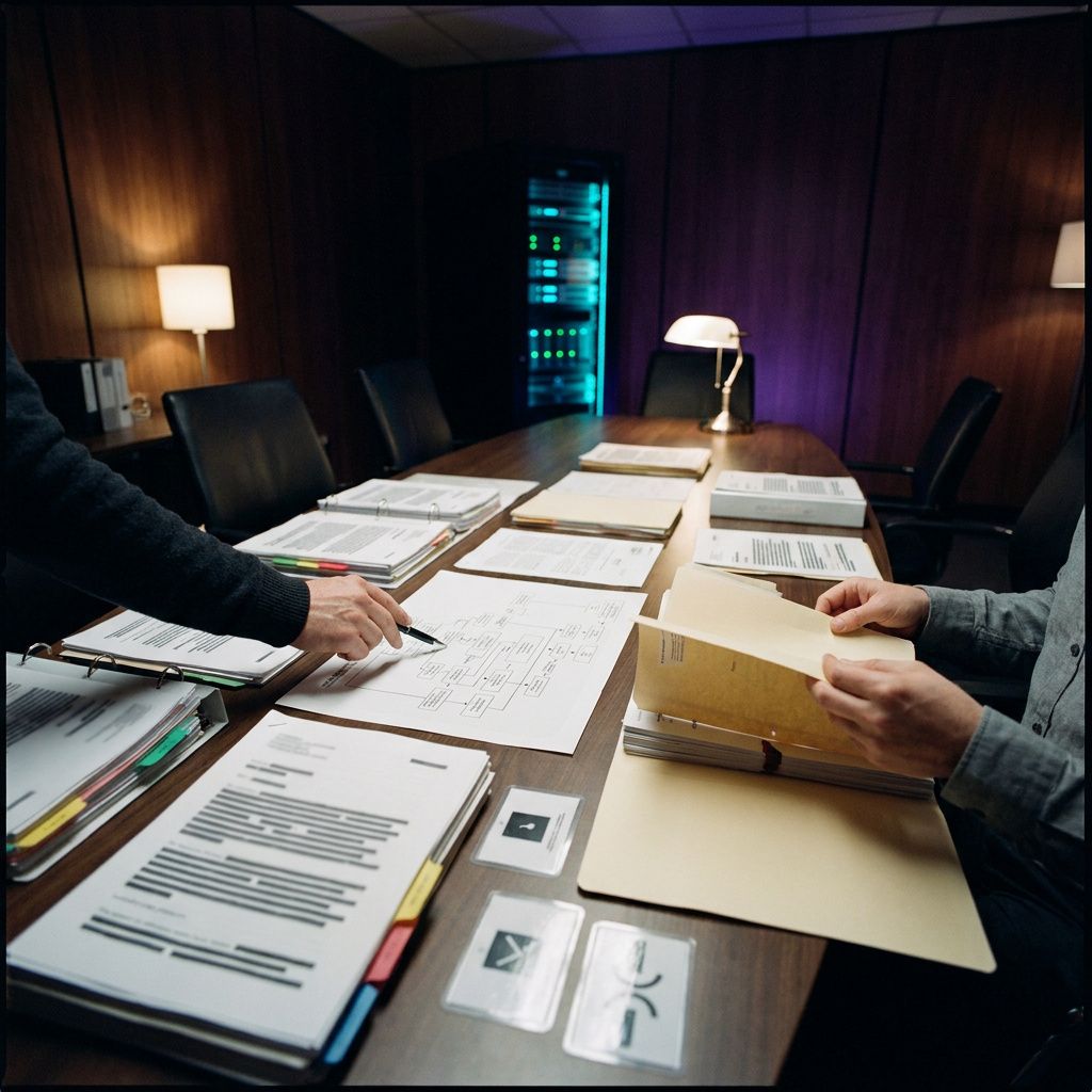 Post‑run governance review: et bord med anonymiserede eval‑udskrifter og checkpoint‑kort i purpur/cyan lys, hænder peger på en graf.