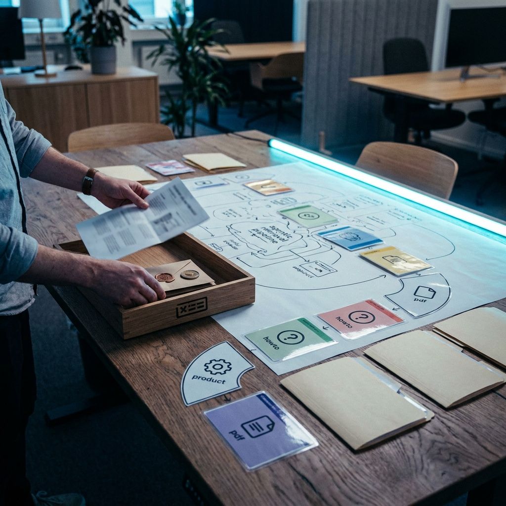 Tæt dokumentarisk foto af et systems‑map bord med anonymiserede kildekort, en PDF‑print og en token‑kort i en bakke; cyan og indigo toner.