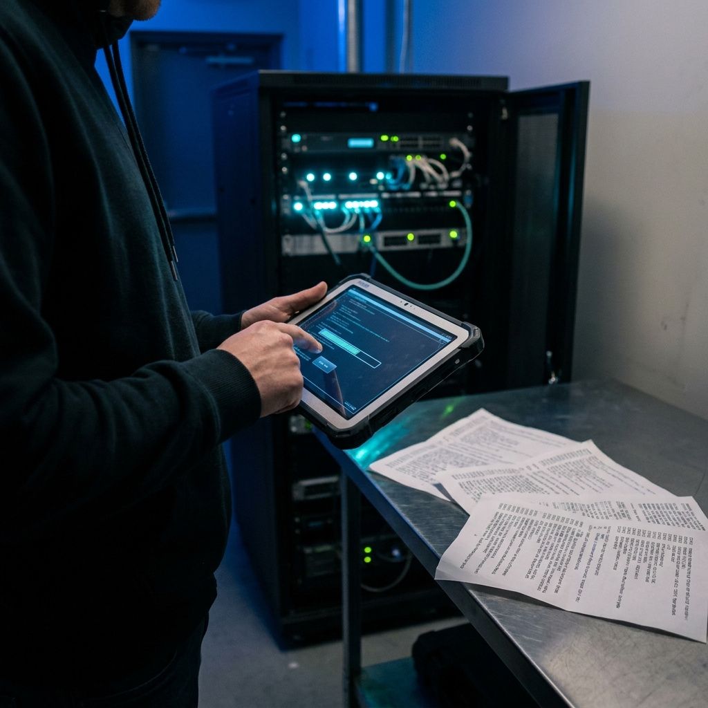 DevOps‑scenen: en tekniker tester et API på en tablet ved en overvågningspanel, cyan pulser i baggrunden, anonymiserede logudskrifter på bænken.