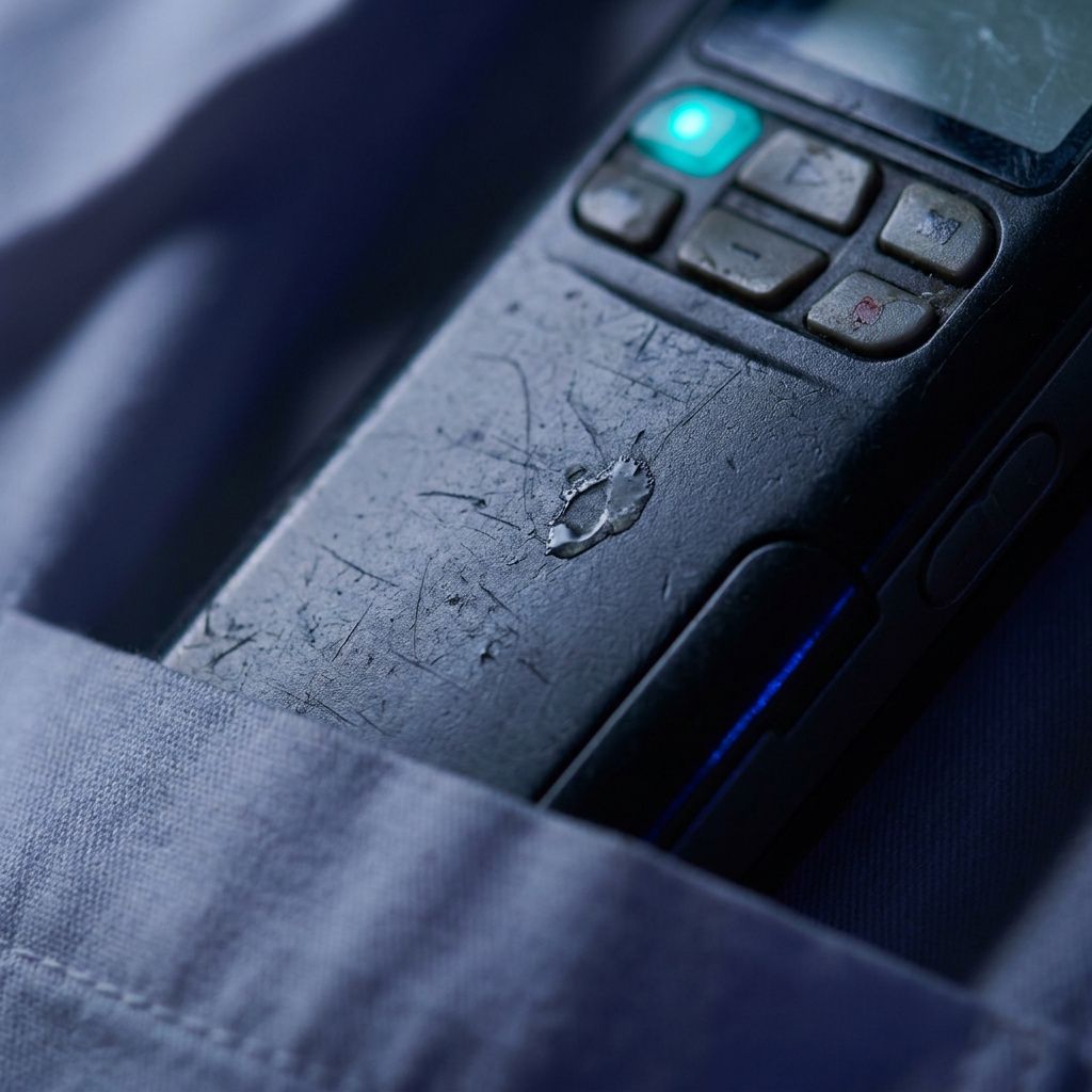 Nærbillede af anonym lydoptager i lægejakke, slidte knapper og cyan LED‑signal, dokumentarisk evidence‑detail.