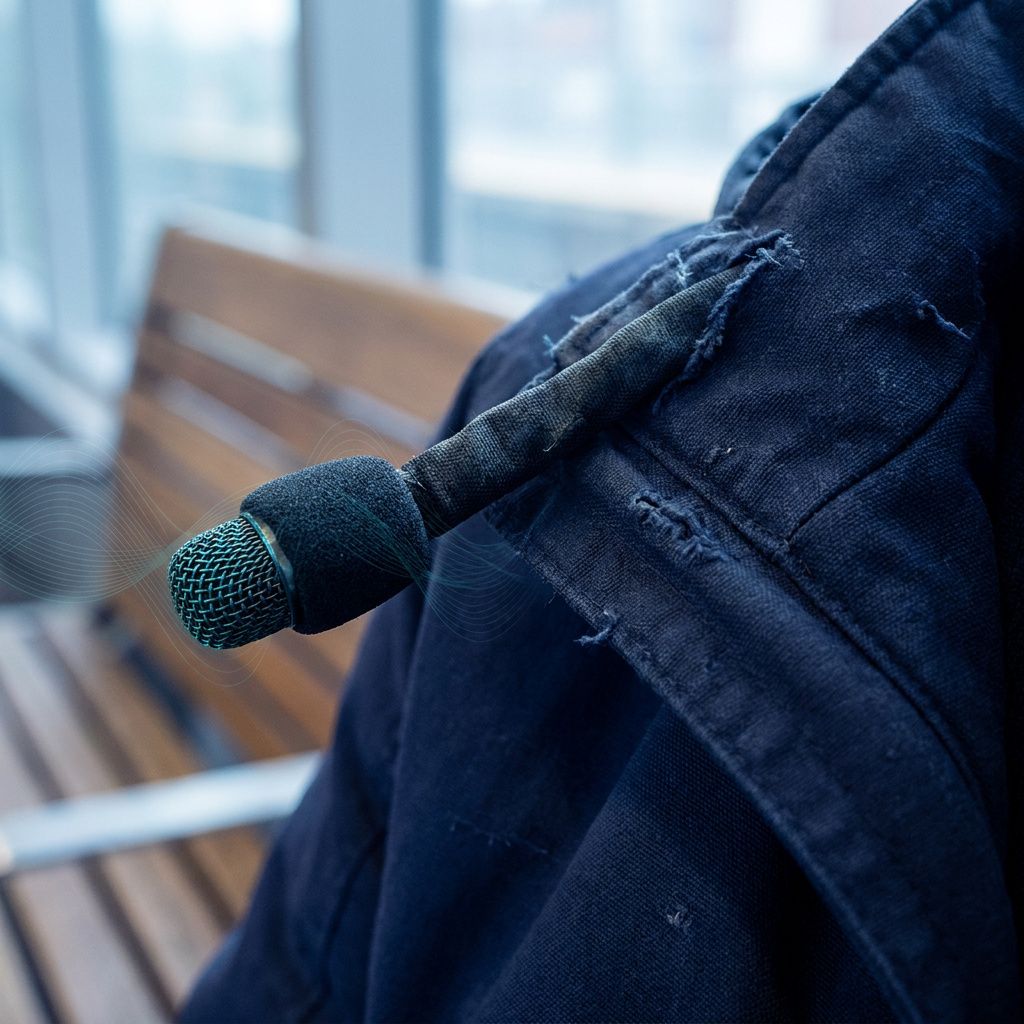 Nærbillede af en over‑ear headset boom‑mikrofon på en jakke, slidmærker og cyan‑signalhighlights antyder optagekvalitet og realtids‑audio capture.