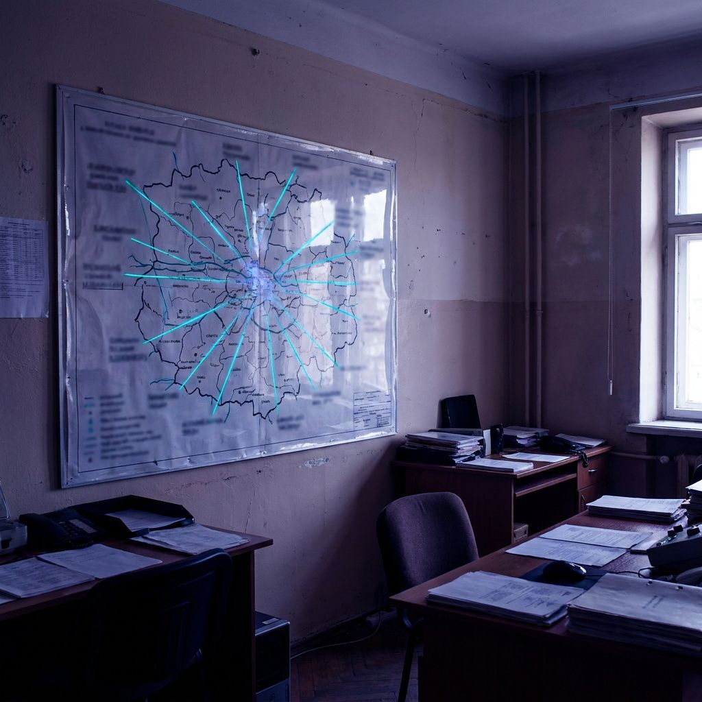 Vægmonteret operations‑map med anonymiserede farvekodede forbindelseslinjer og cyan‑pulse overlays, der visuelt viser HTTP/2 til WebSocket‑flow uden læsbar tekst.